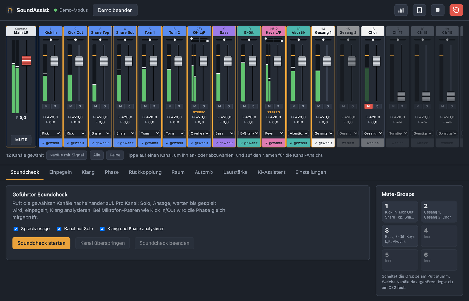 Hauptansicht von SoundAssist mit Main-LR-Fader, Kanalzügen, Pegelmetern, geführtem Soundcheck und Mute-Groups