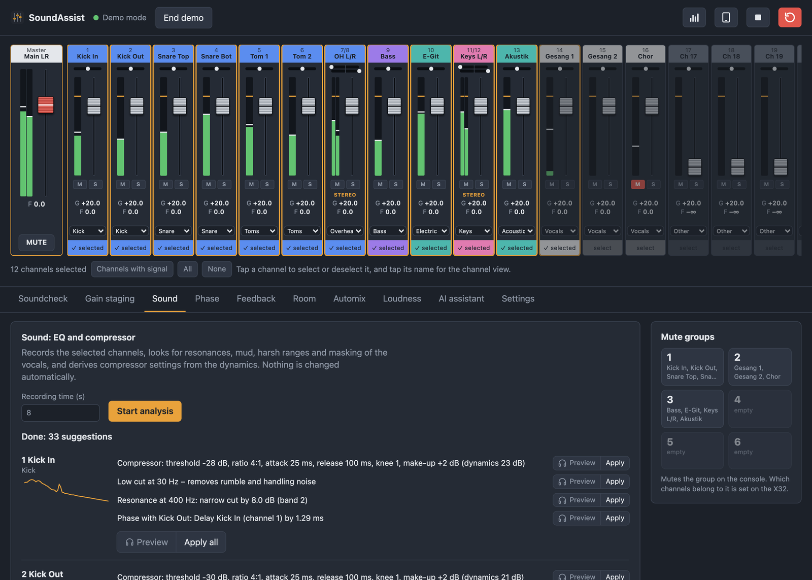 Sound tab with analysis results and suggestions per channel, each with Preview and Apply buttons