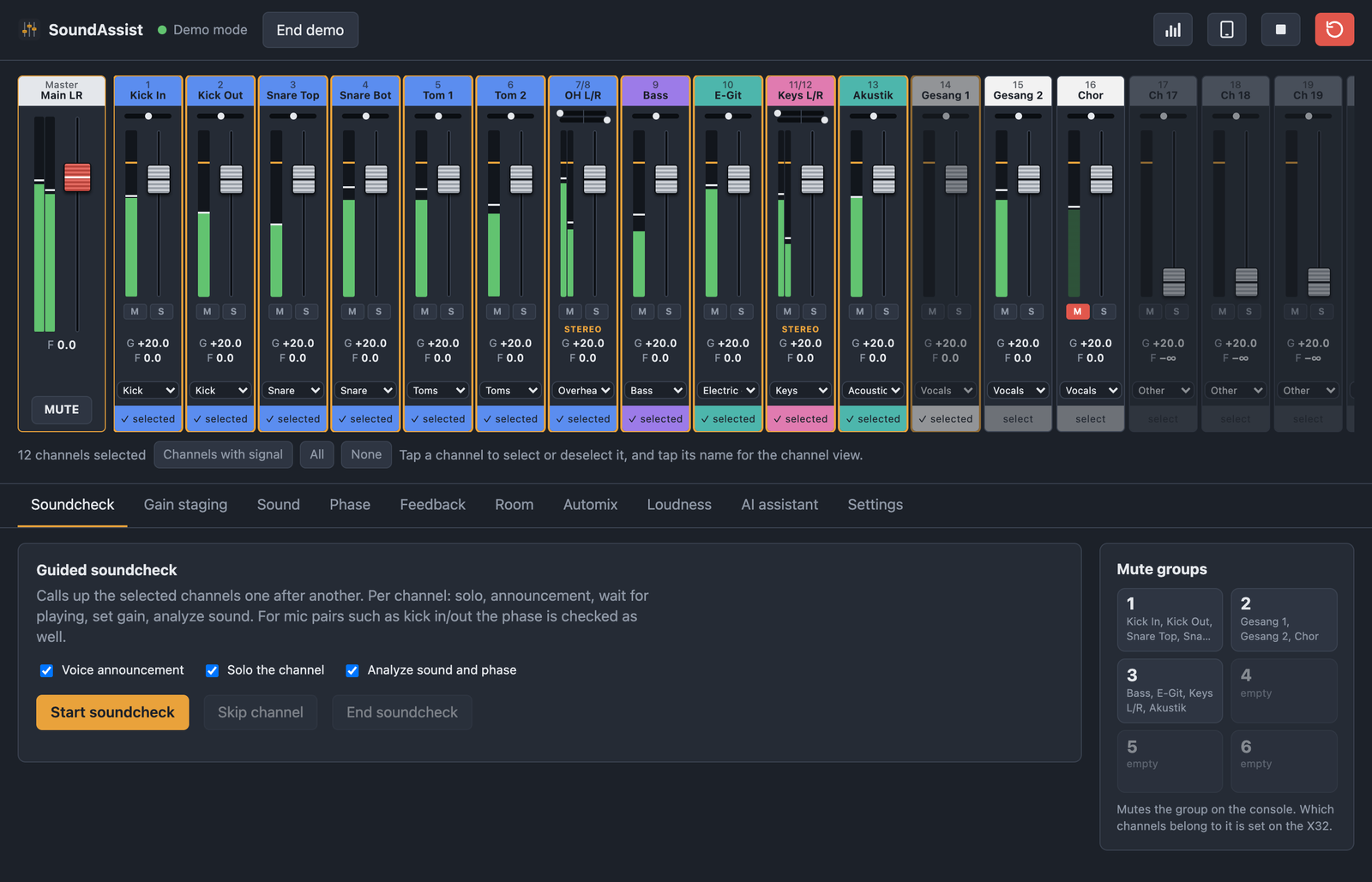 SoundAssist main view with Main LR fader, channel strips, level meters, guided soundcheck and mute groups