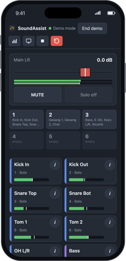 Stage view on an iPhone: main LR fader with mute, “Solo off” button, mute groups and channel tiles