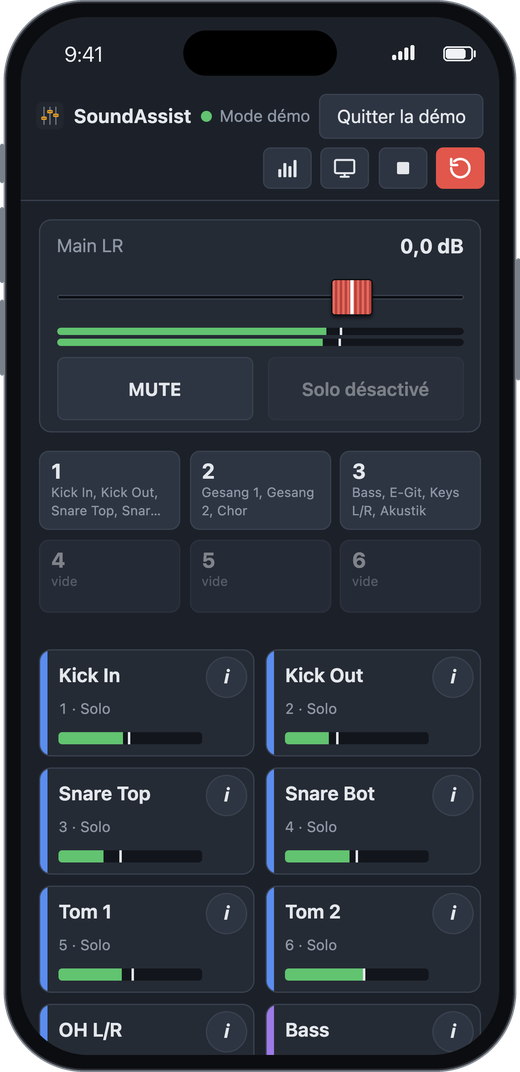 Vue scène sur un iPhone : fader Main LR avec mute, bouton « Solo désactivé », groupes de mute et vignettes de canal