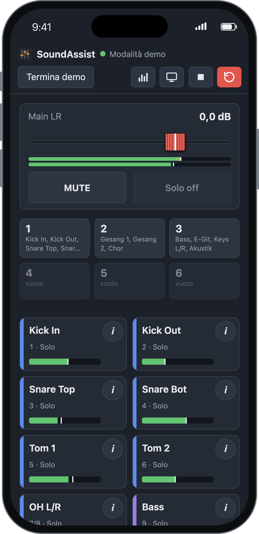 Vista palco su un iPhone: fader Main LR con mute, pulsante «Solo off», Mute Group e riquadri dei canali